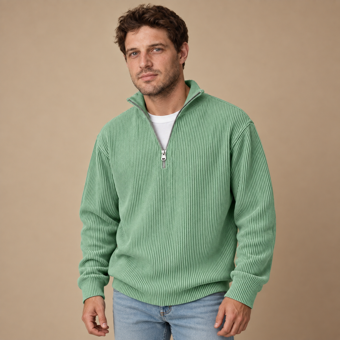 Strikket herresweater med halv lynlås