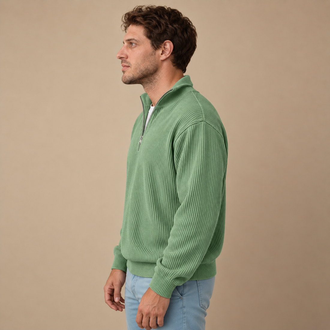 Strikket herresweater med halv lynlås