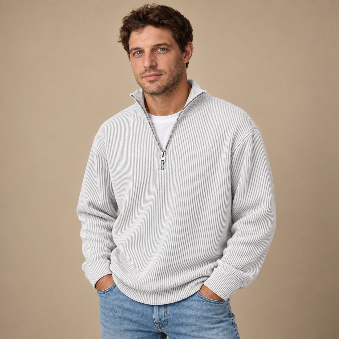 Strikket herresweater med halv lynlås