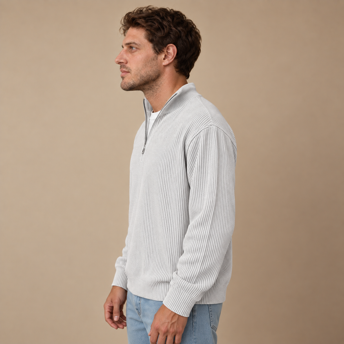 Strikket herresweater med halv lynlås