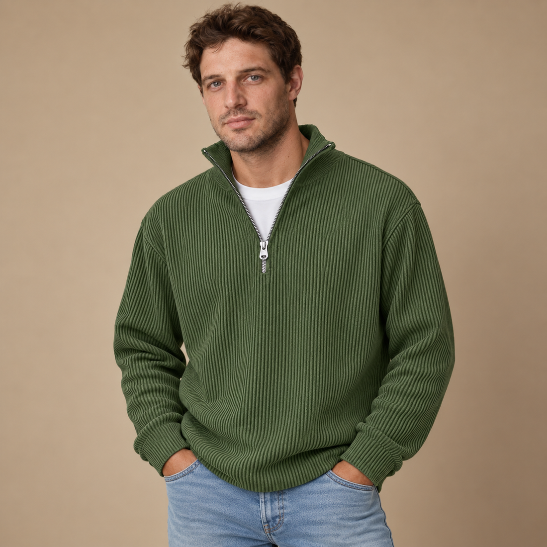 Strikket herresweater med halv lynlås