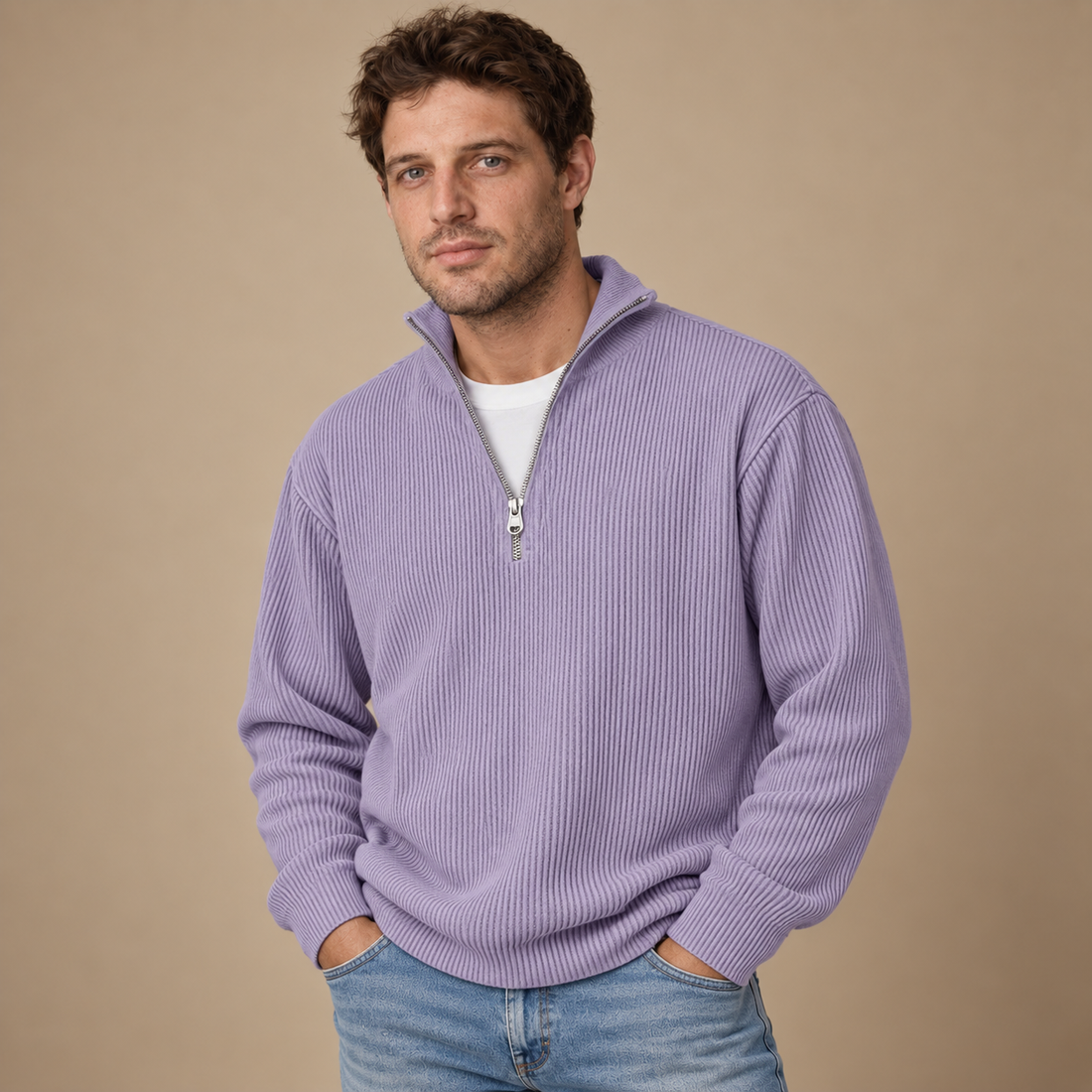 Strikket herresweater med halv lynlås