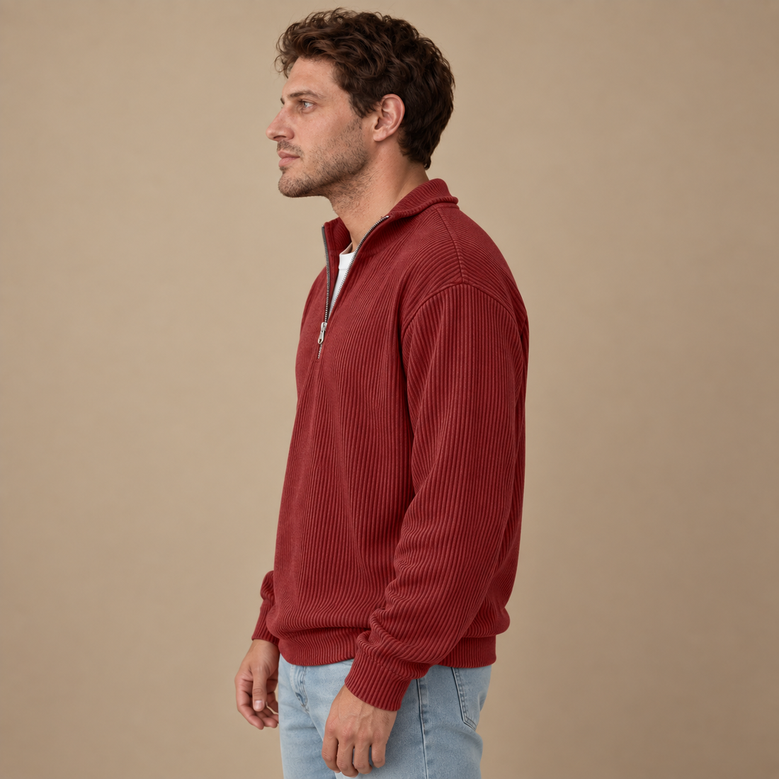 Strikket herresweater med halv lynlås