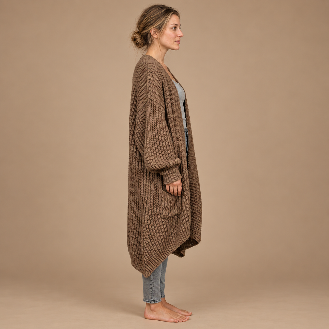 Lang oversized strikcardigan til dame