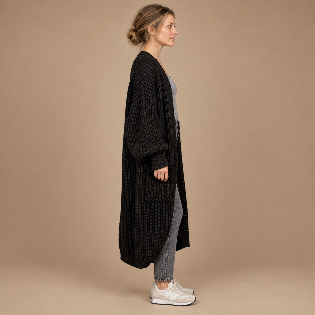Lang oversized strikcardigan til dame