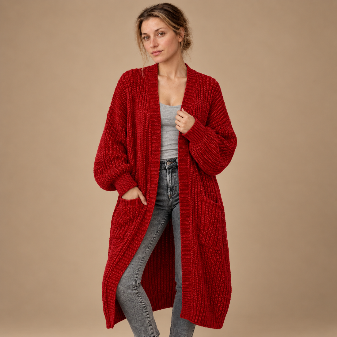 Lang oversized strikcardigan til dame