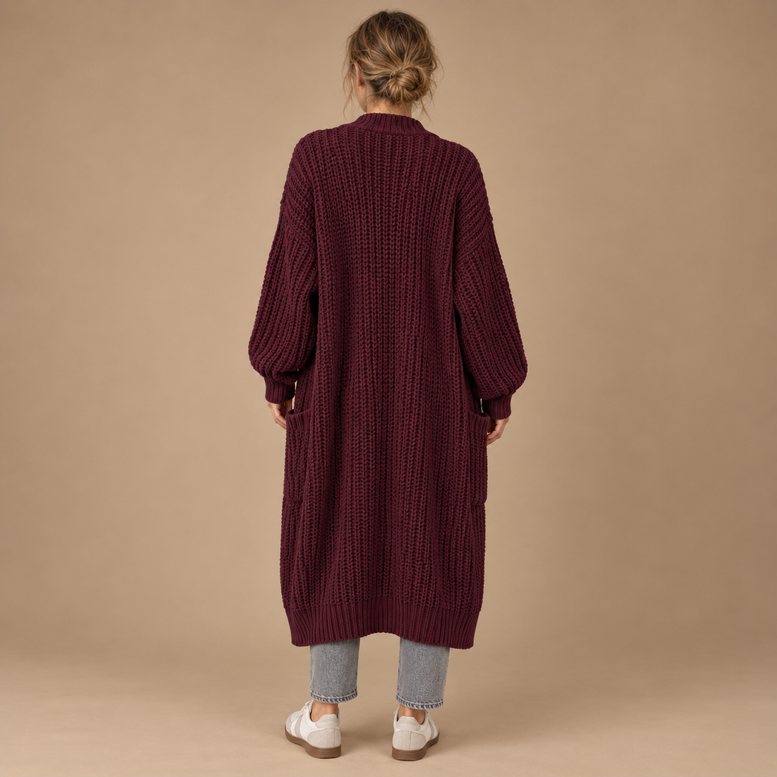 Lang oversized strikcardigan til dame