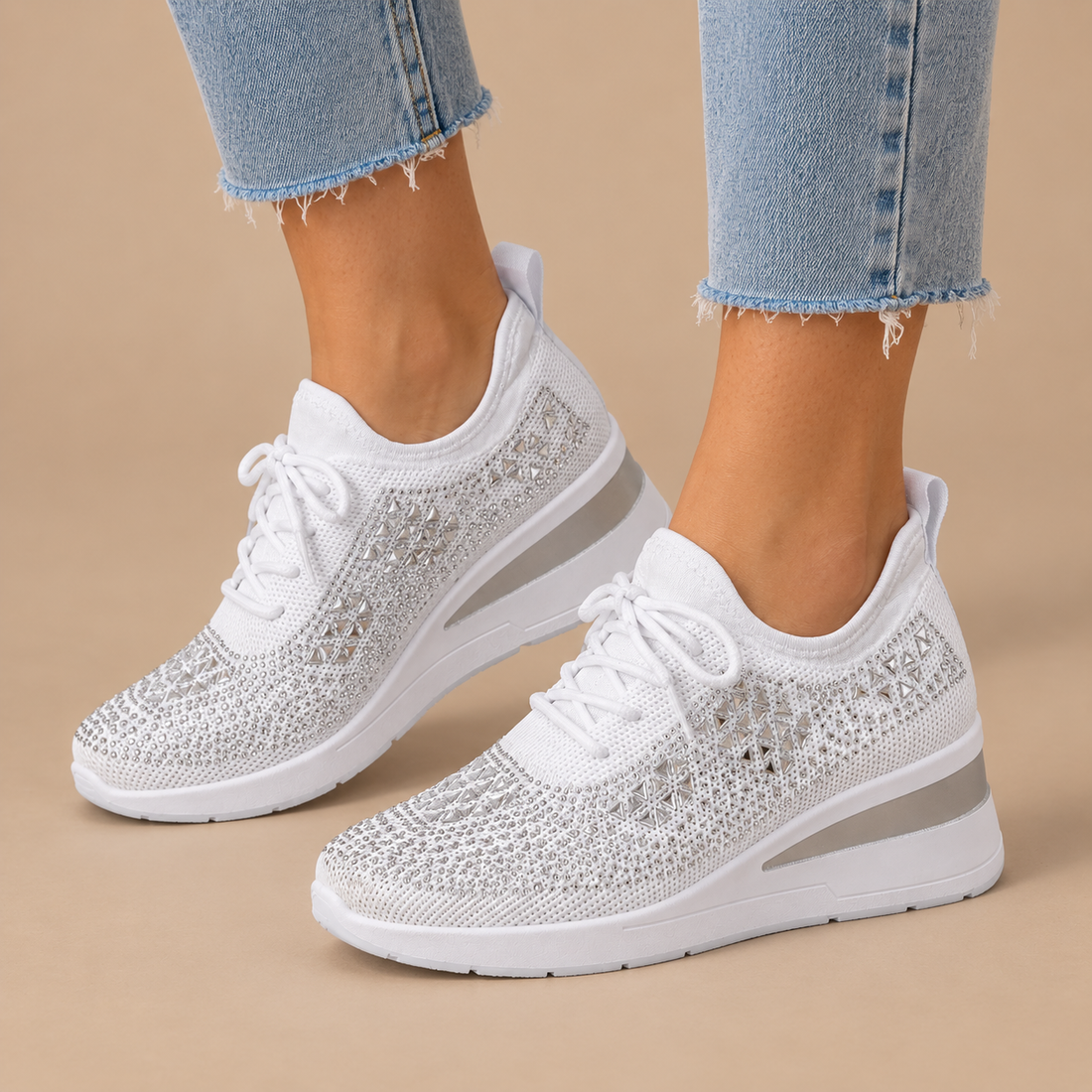 Ortopædiske sneakers til dame med kilehæl og glimmer