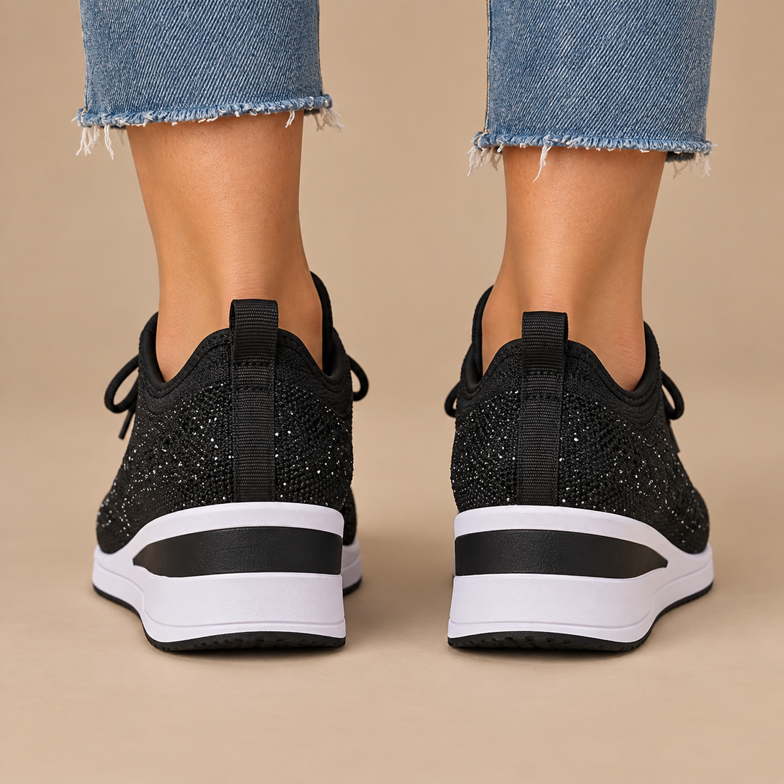 Ortopædiske sneakers til dame med kilehæl og glimmer