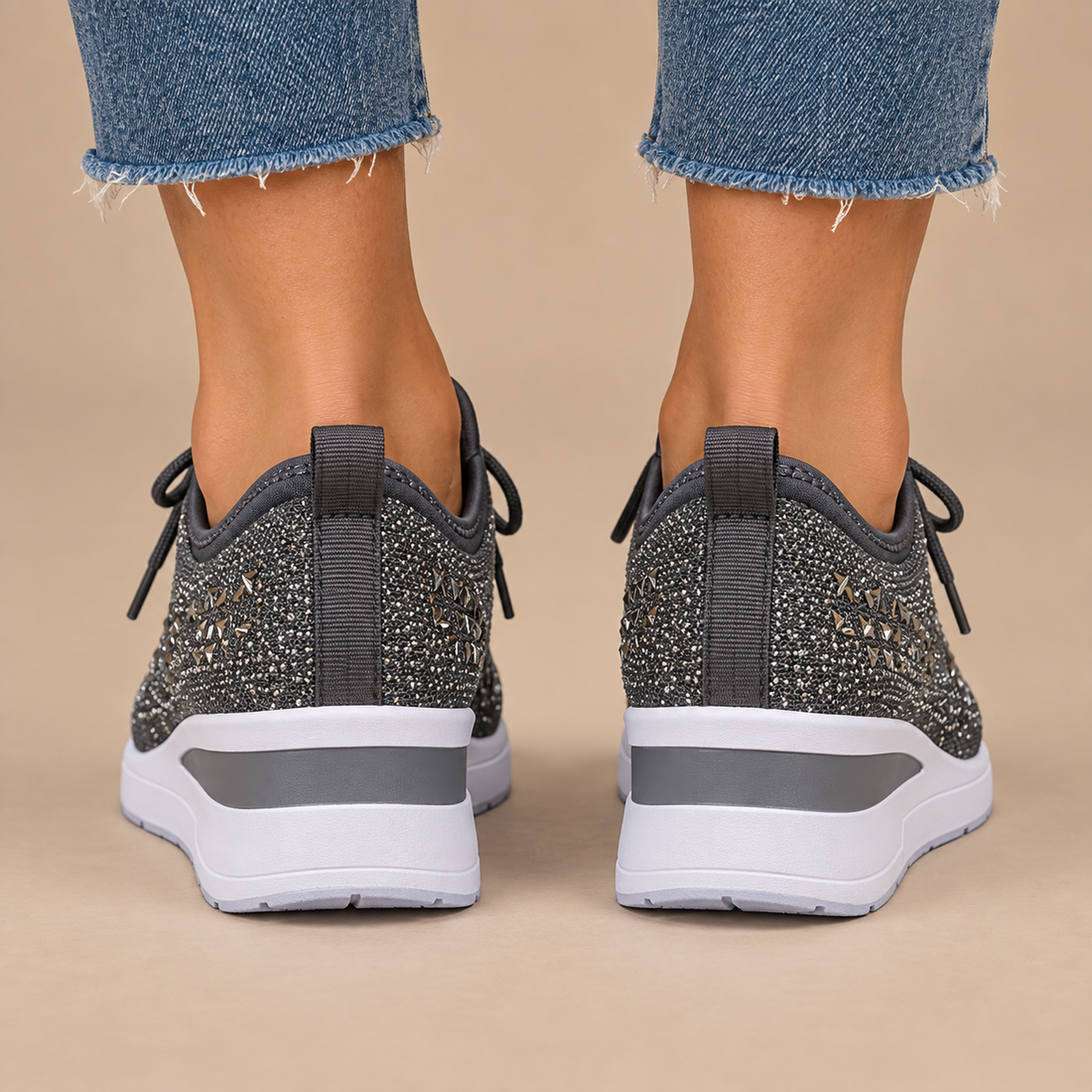 Ortopædiske sneakers til dame med kilehæl og glimmer