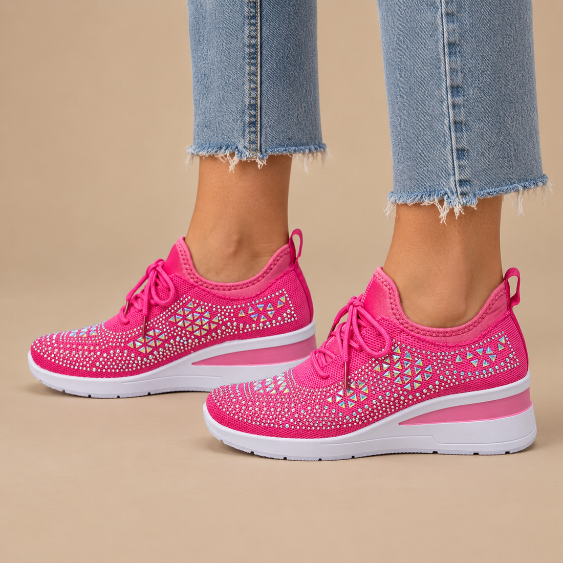 Ortopædiske sneakers til dame med kilehæl og glimmer