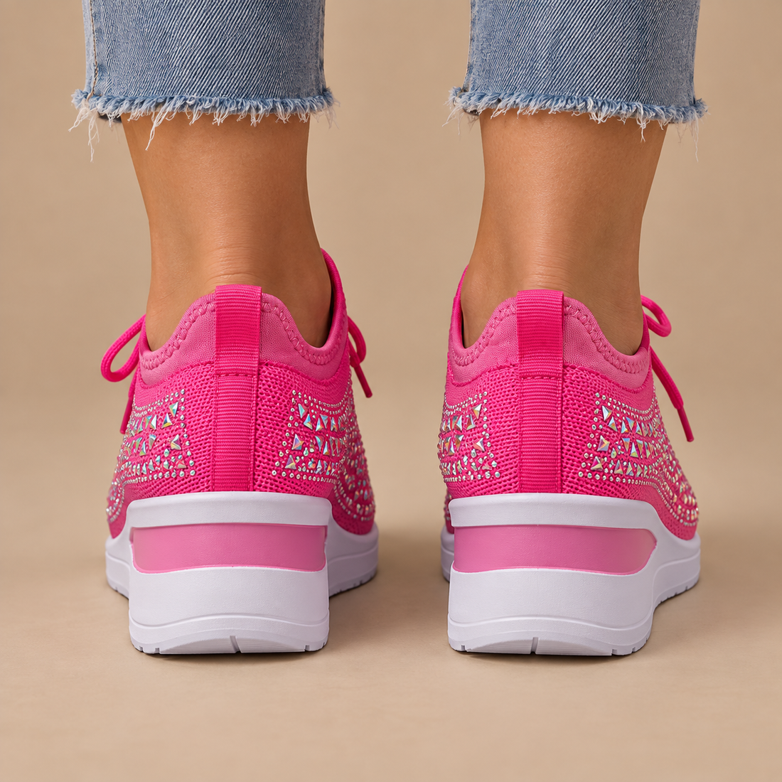 Ortopædiske sneakers til dame med kilehæl og glimmer
