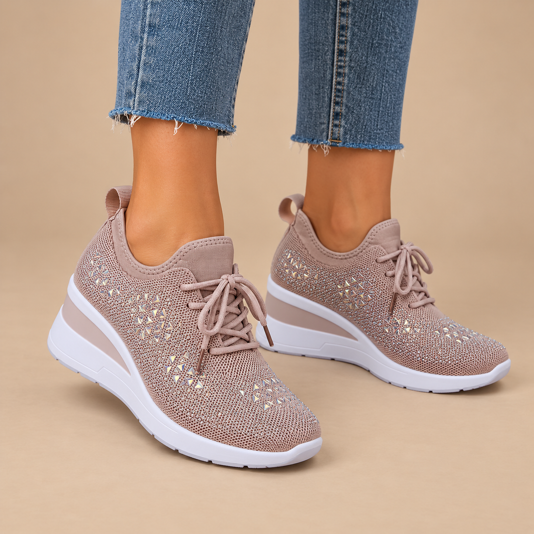 Ortopædiske sneakers til dame med kilehæl og glimmer
