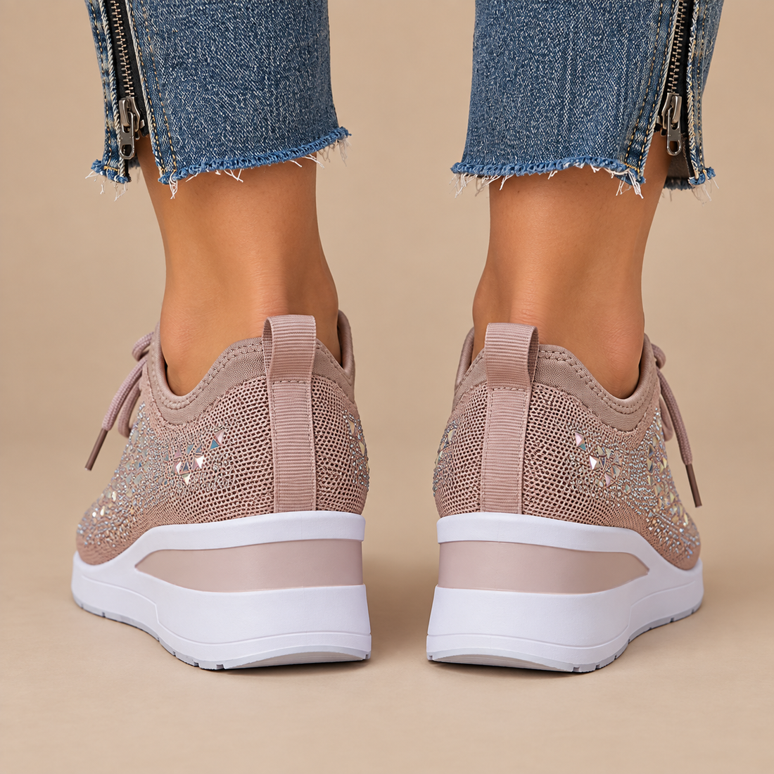 Ortopædiske sneakers til dame med kilehæl og glimmer