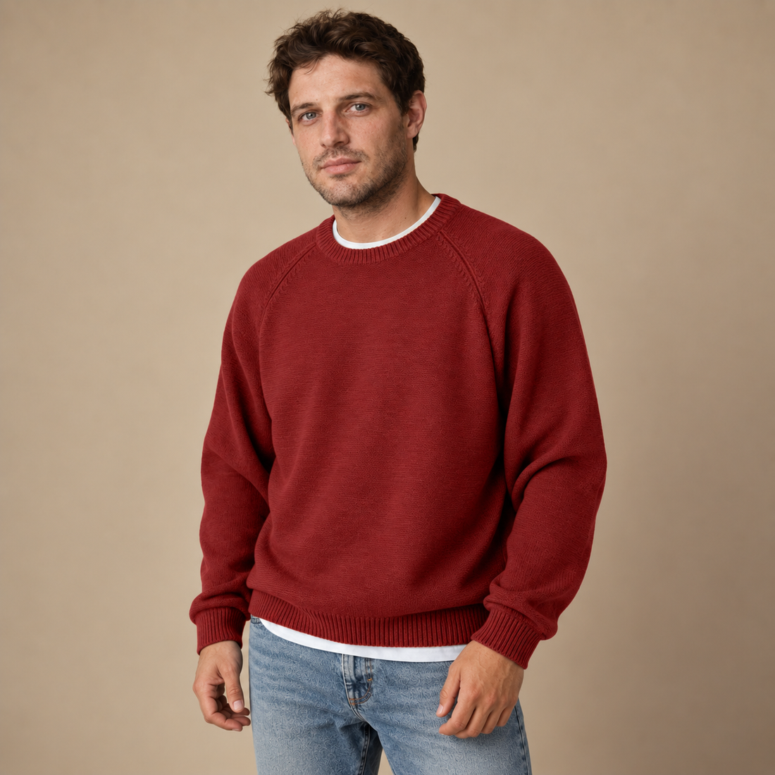 Herresweater med rund hals og løs pasform