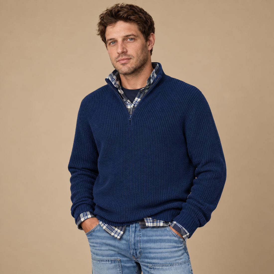 Herresweater med halv lynlås i åndbart materiale