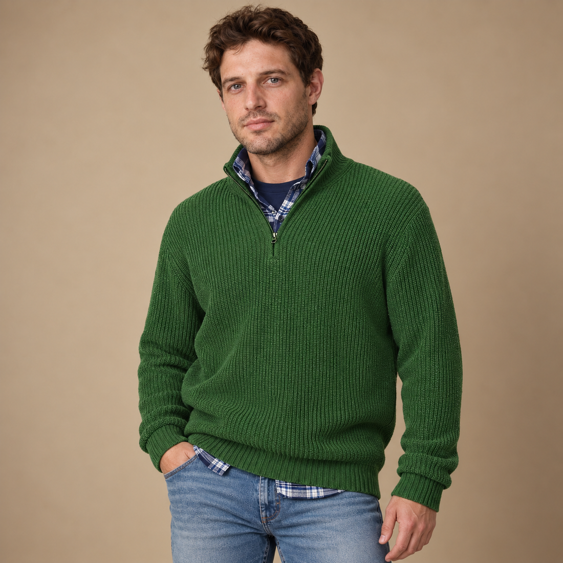 Herresweater med halv lynlås i åndbart materiale