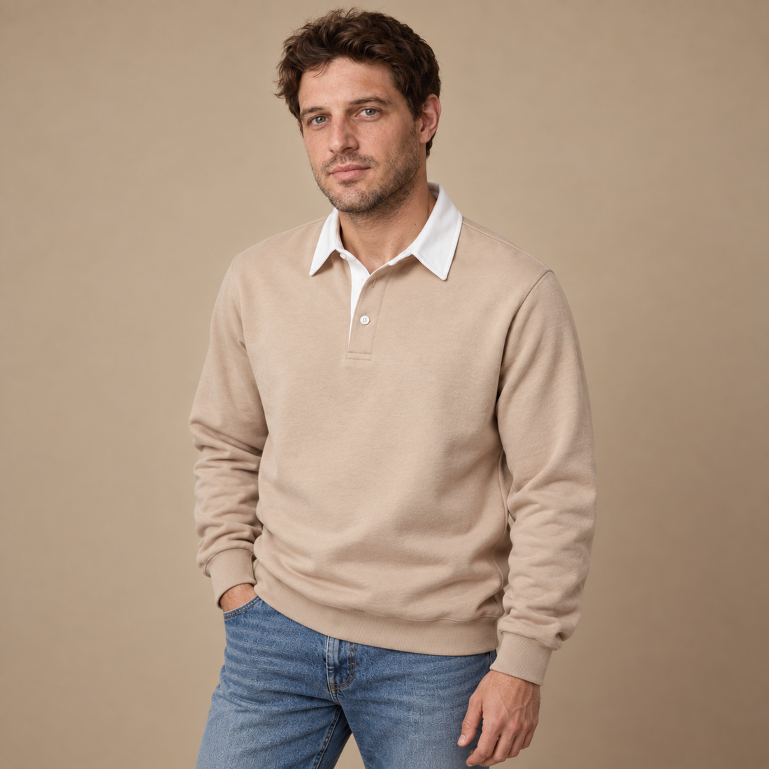 Herresweater med krave og slank pasform