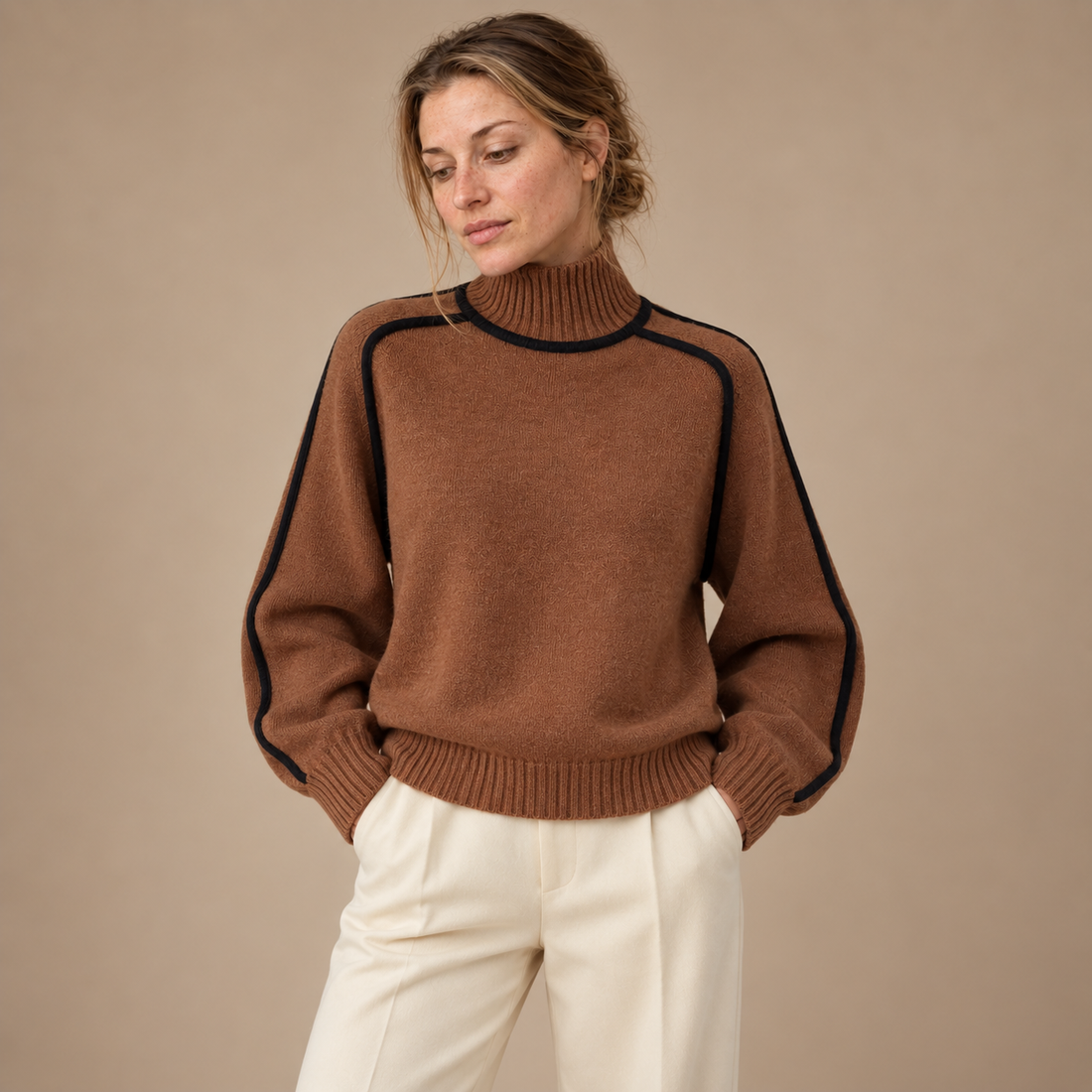 Rullekravesweater til dame med figurnær pasform