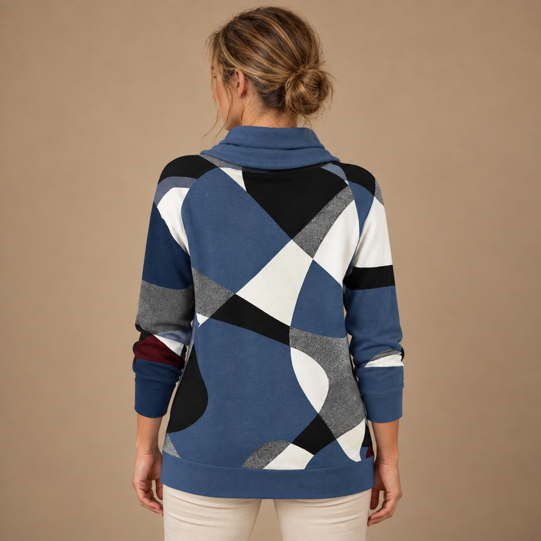 Damesweater med sjalskrave og farveblokke