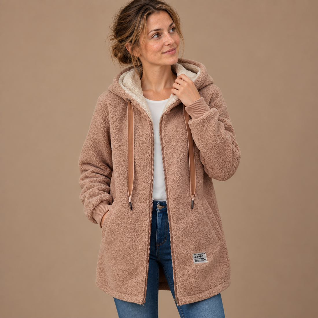 Teddyfrakke til dame med hætte og lynlås
