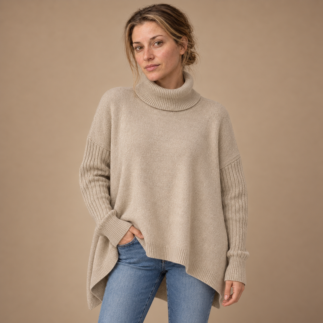 Løstsiddende rullekravesweater til dame