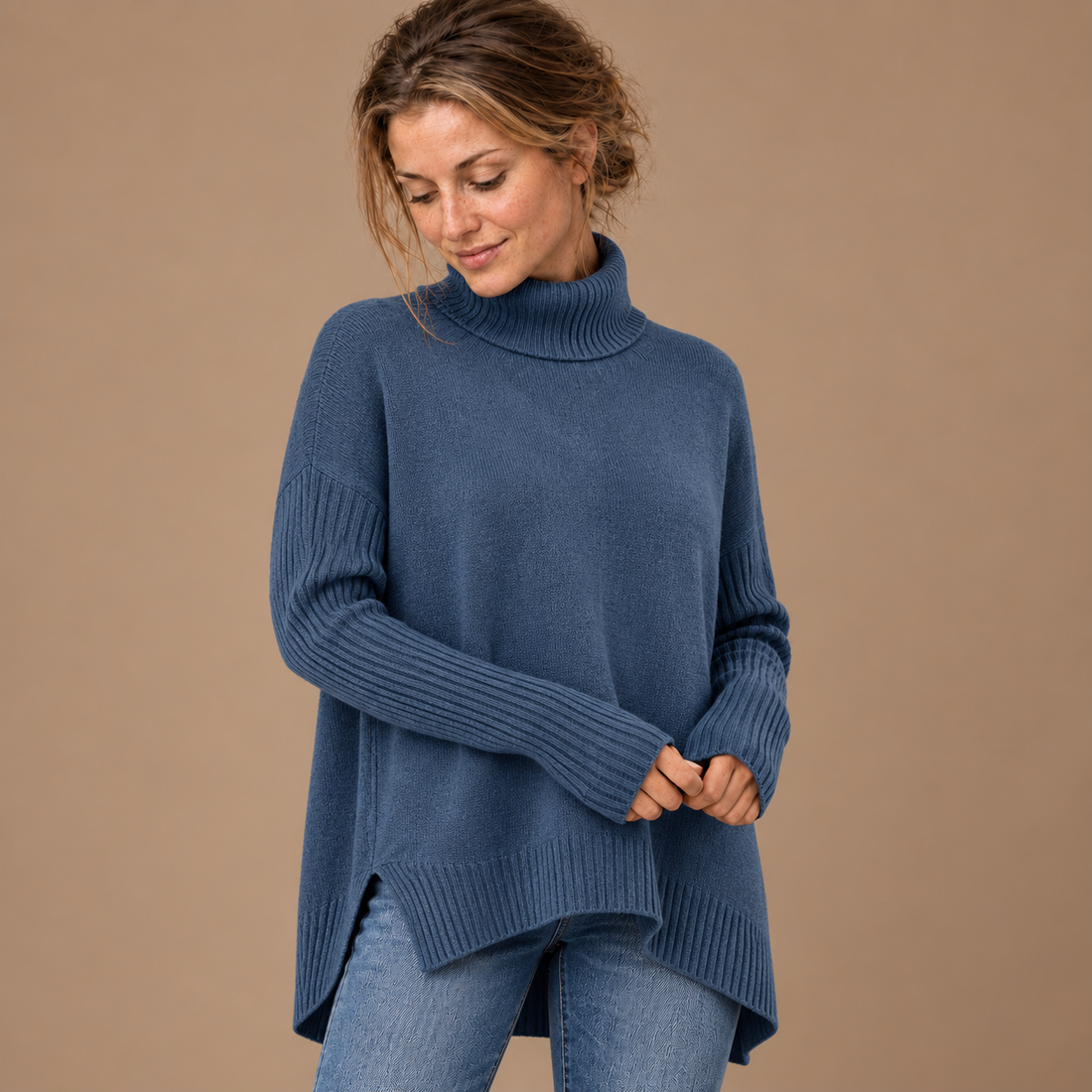 Løstsiddende rullekravesweater til dame