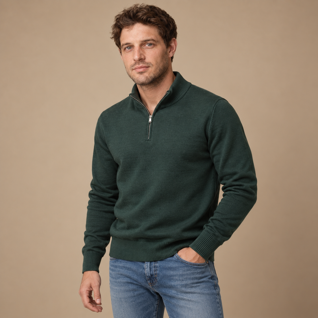 Herresweater med kvart lynlås i slim fit