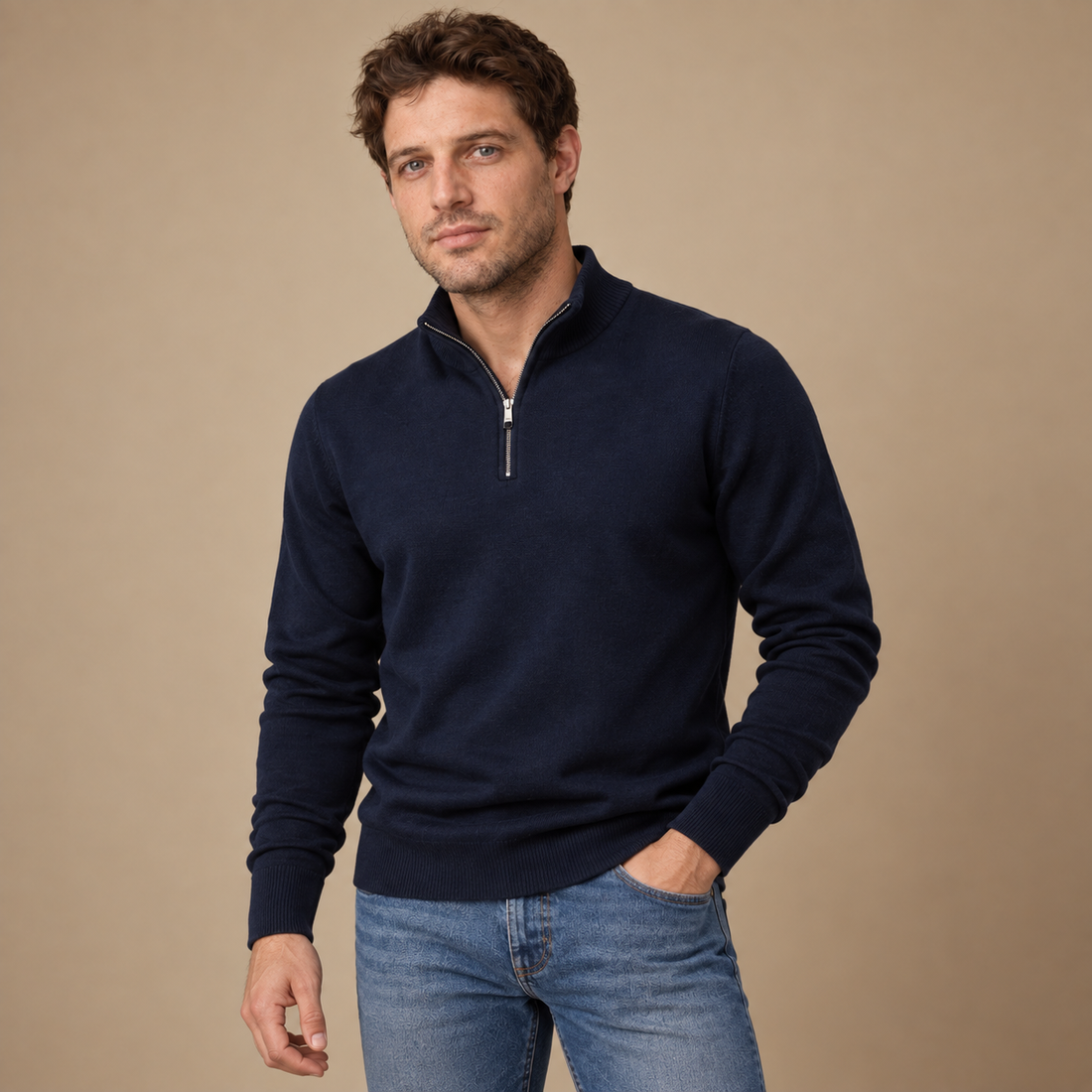 Herresweater med kvart lynlås i slim fit