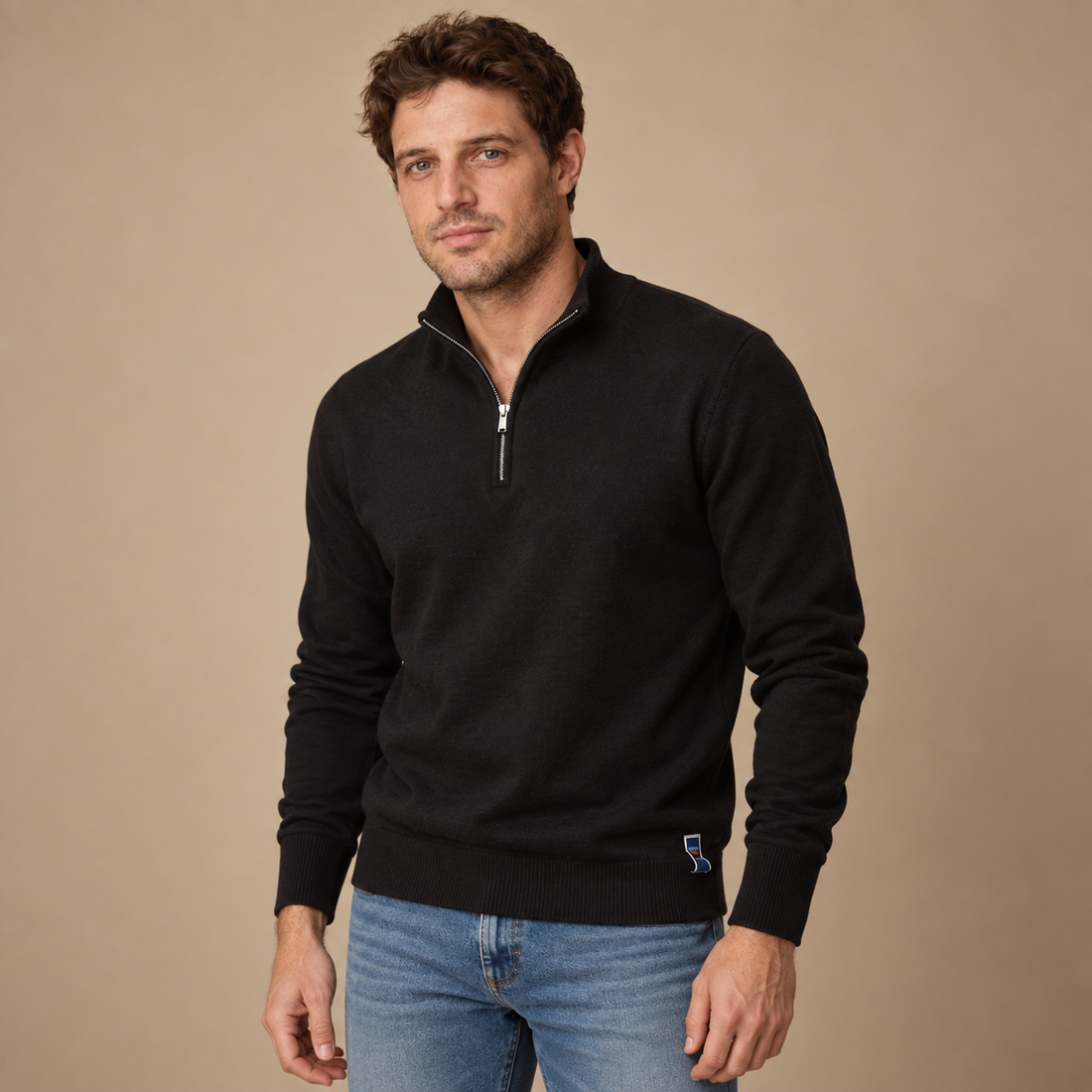 Herresweater med kvart lynlås i slim fit