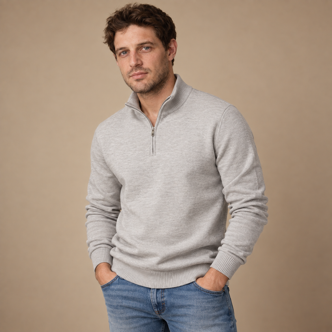 Herresweater med kvart lynlås i slim fit