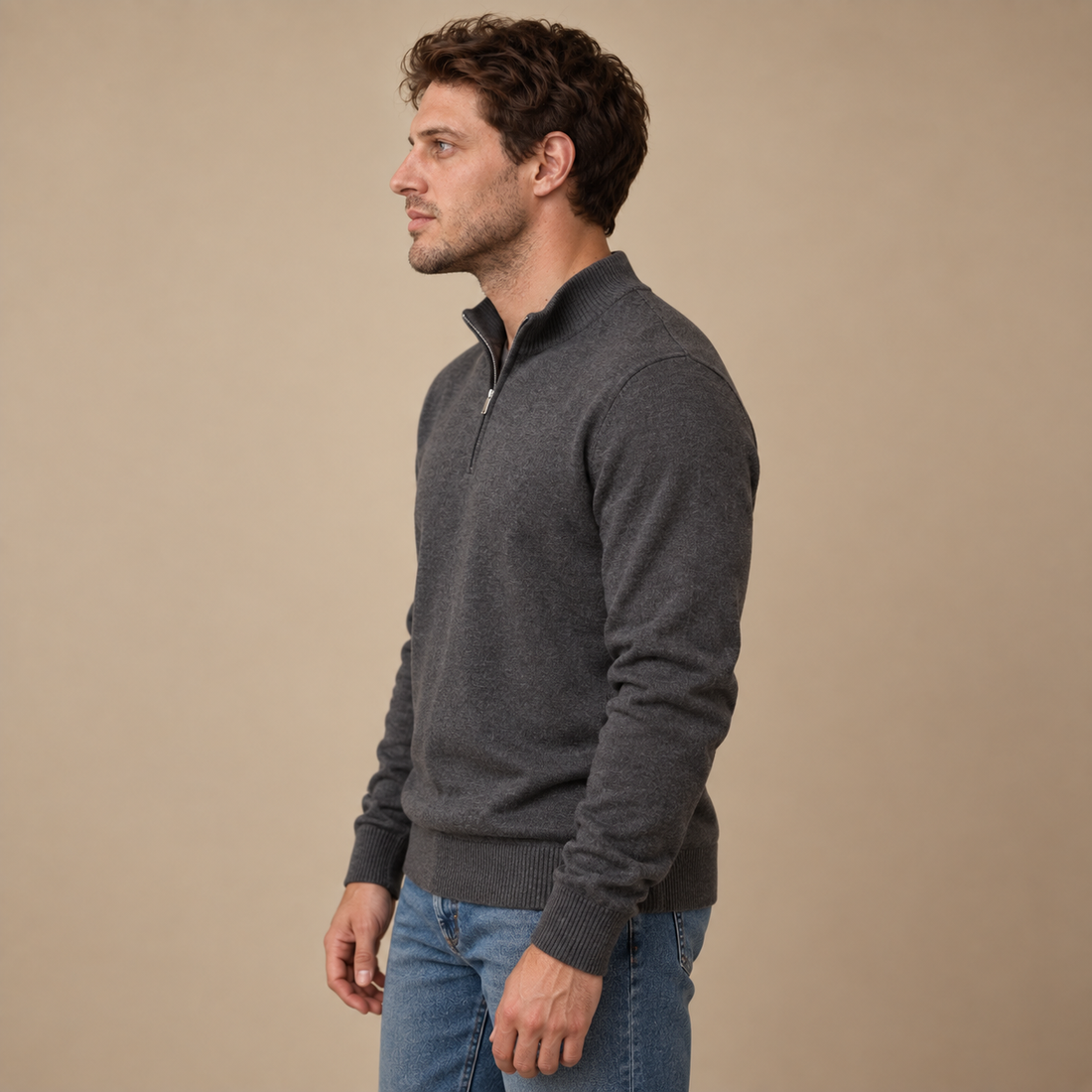 Herresweater med kvart lynlås i slim fit