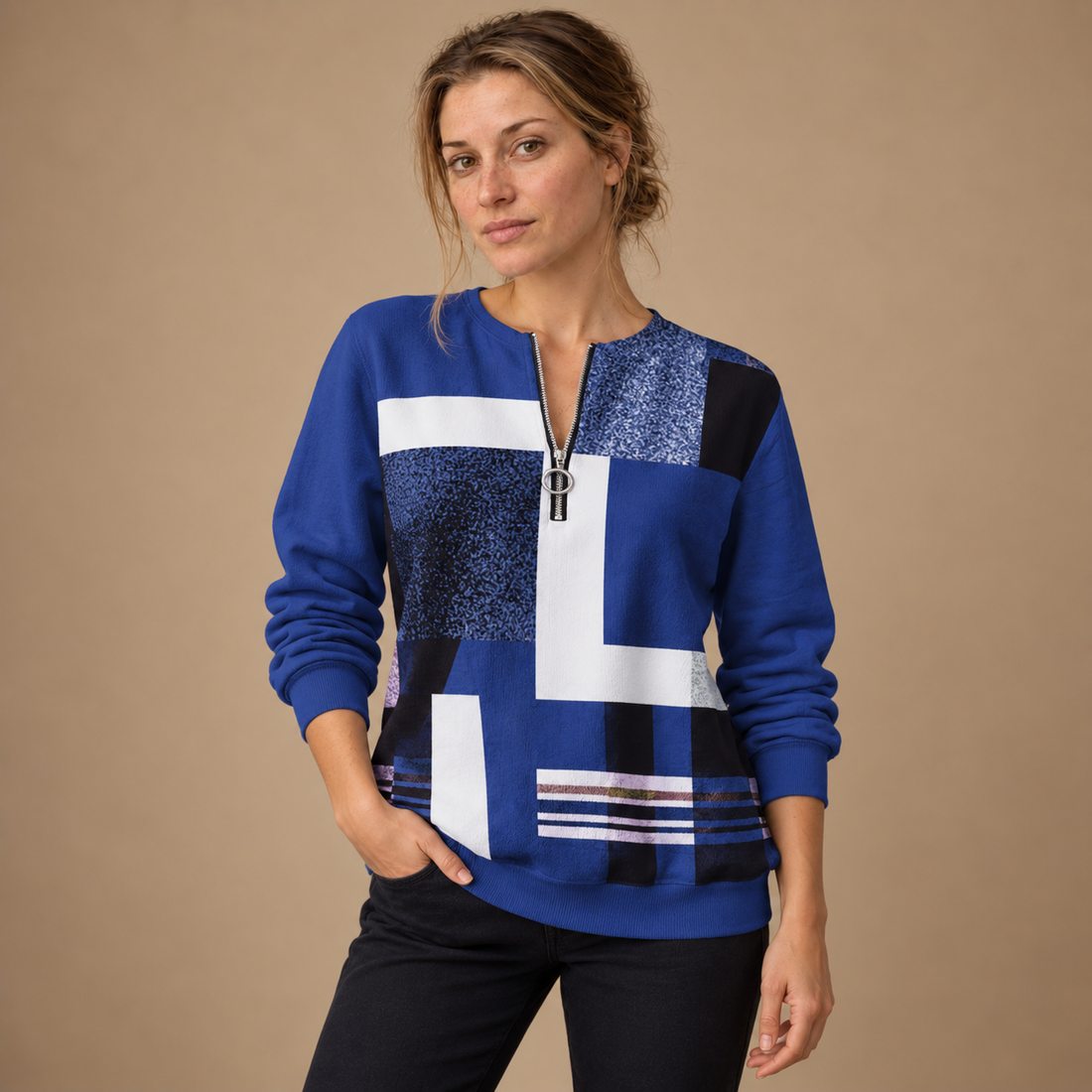 Damesweater med lynlås og geometrisk mønster
