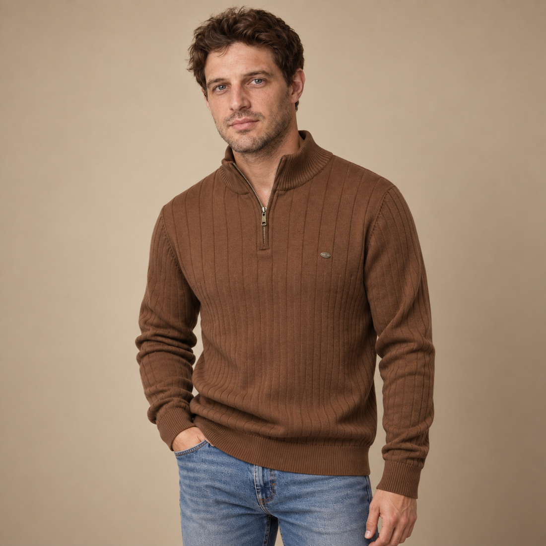 Strikket herresweater med struktureret pasform