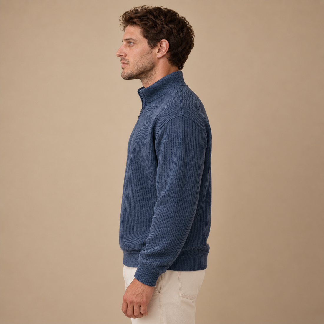 Herresweater med lynlåskrave og slank pasform