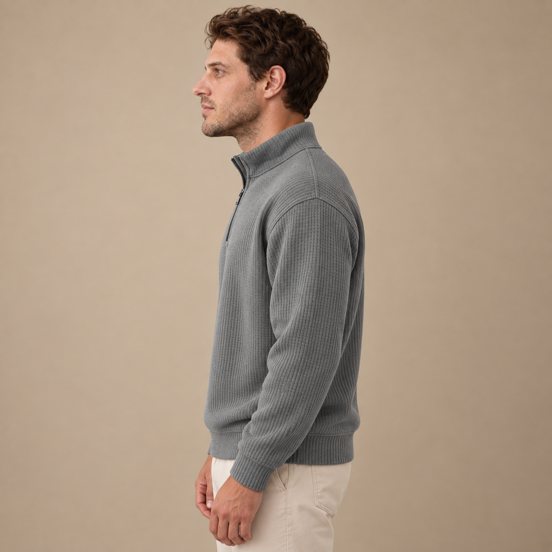 Herresweater med lynlåskrave og slank pasform