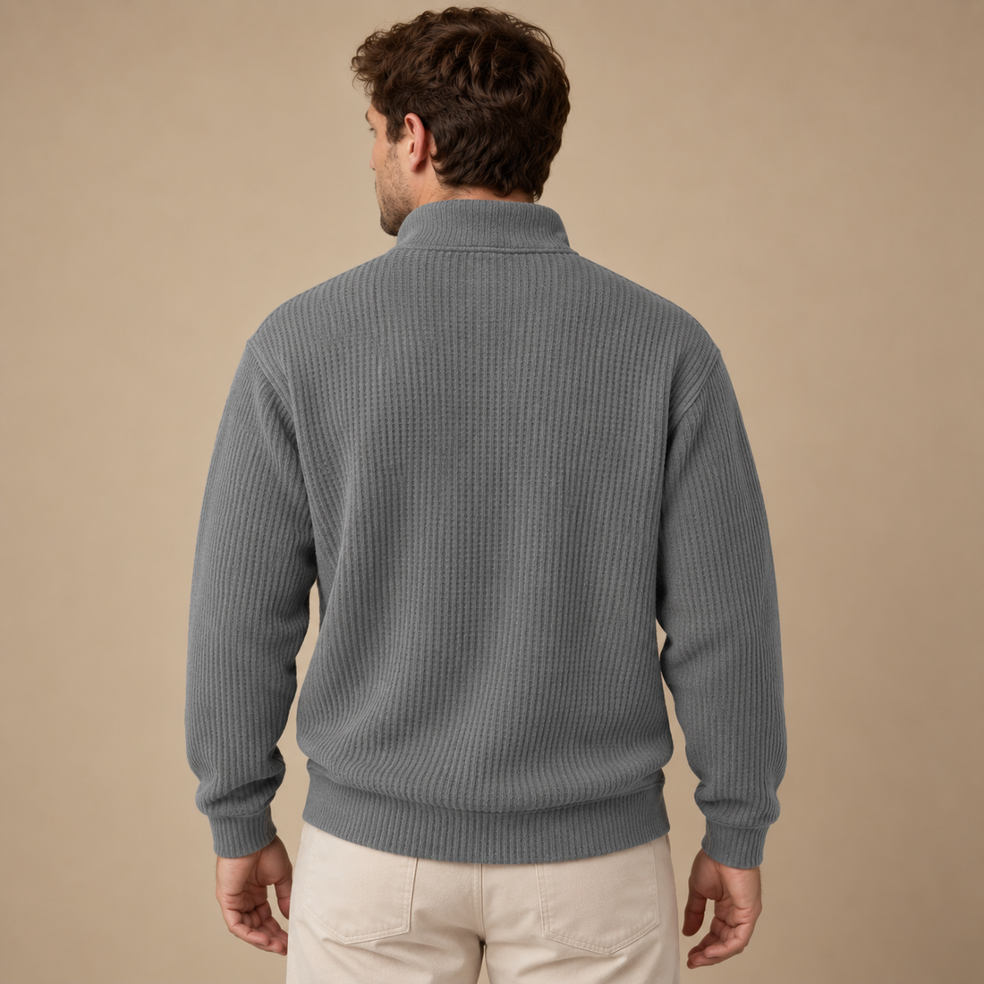 Herresweater med lynlåskrave og slank pasform