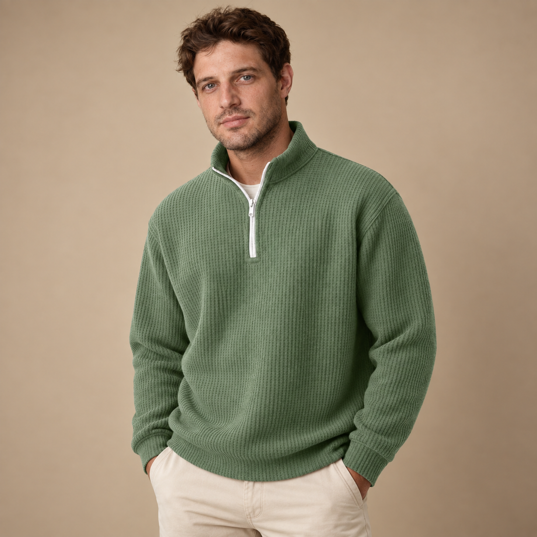 Herresweater med lynlåskrave og slank pasform