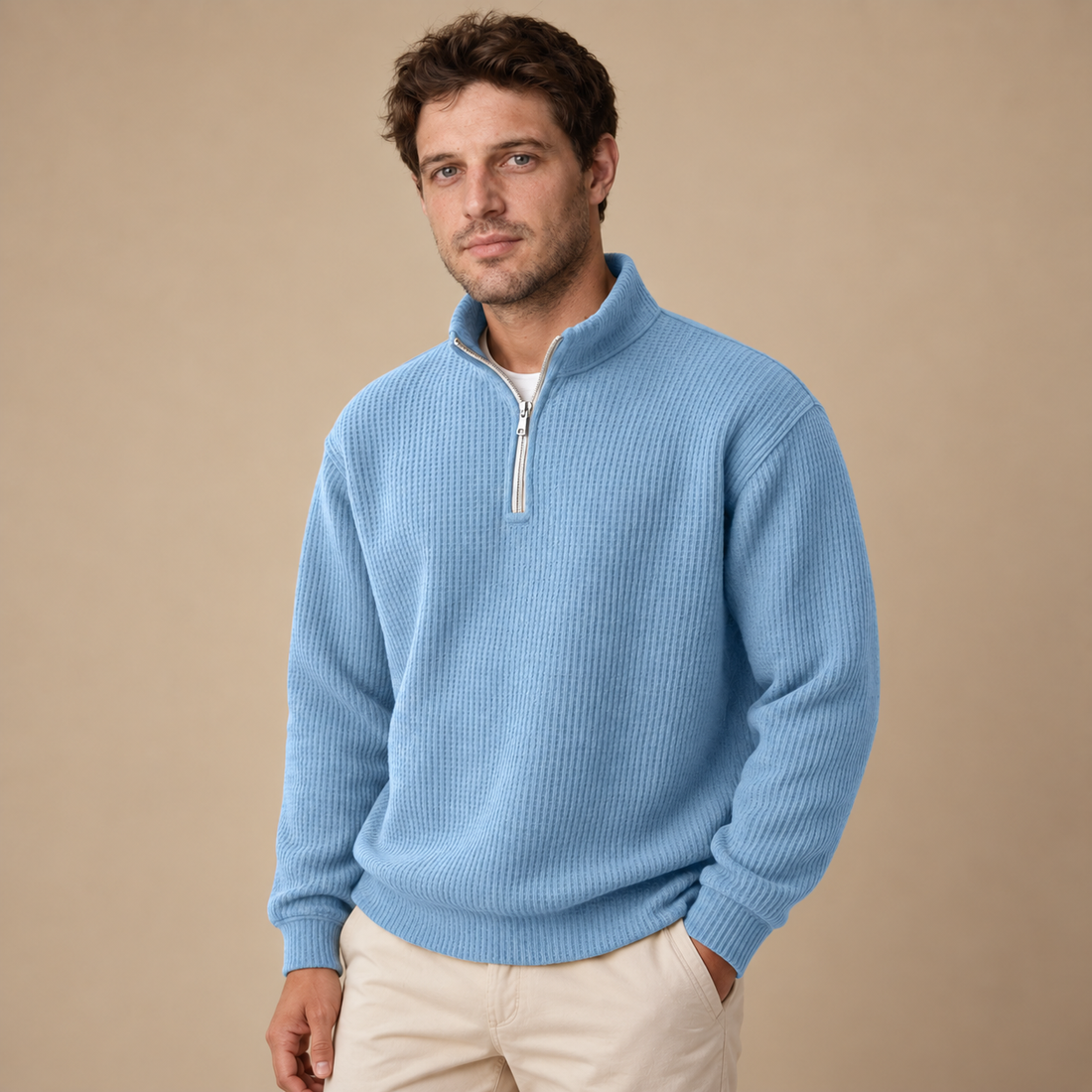 Herresweater med lynlåskrave og slank pasform