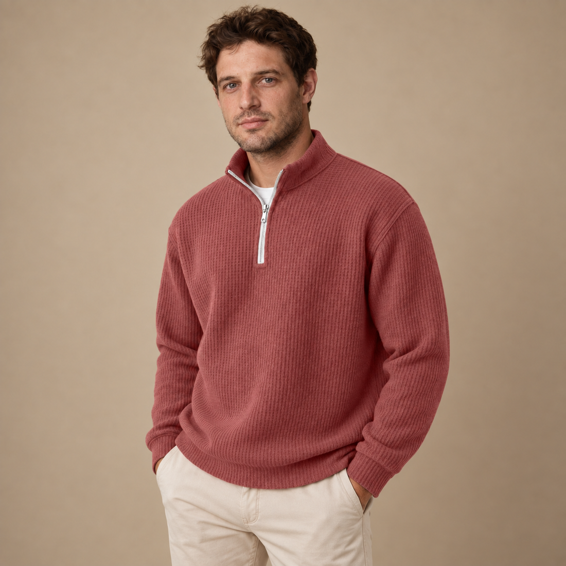Herresweater med lynlåskrave og slank pasform