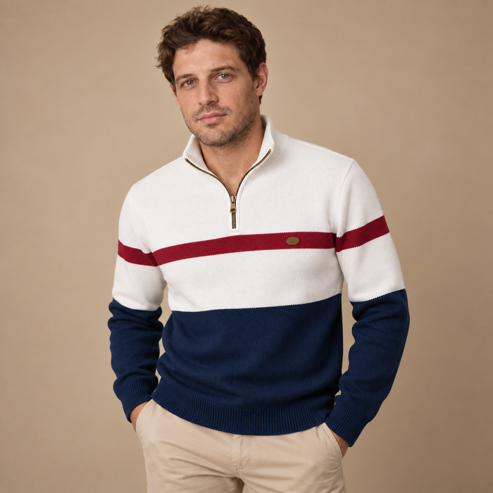 Tofarvet herresweater med halv lynlås