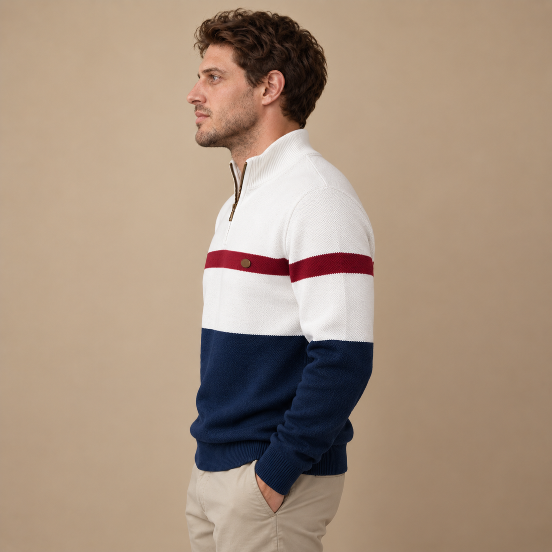 Tofarvet herresweater med halv lynlås