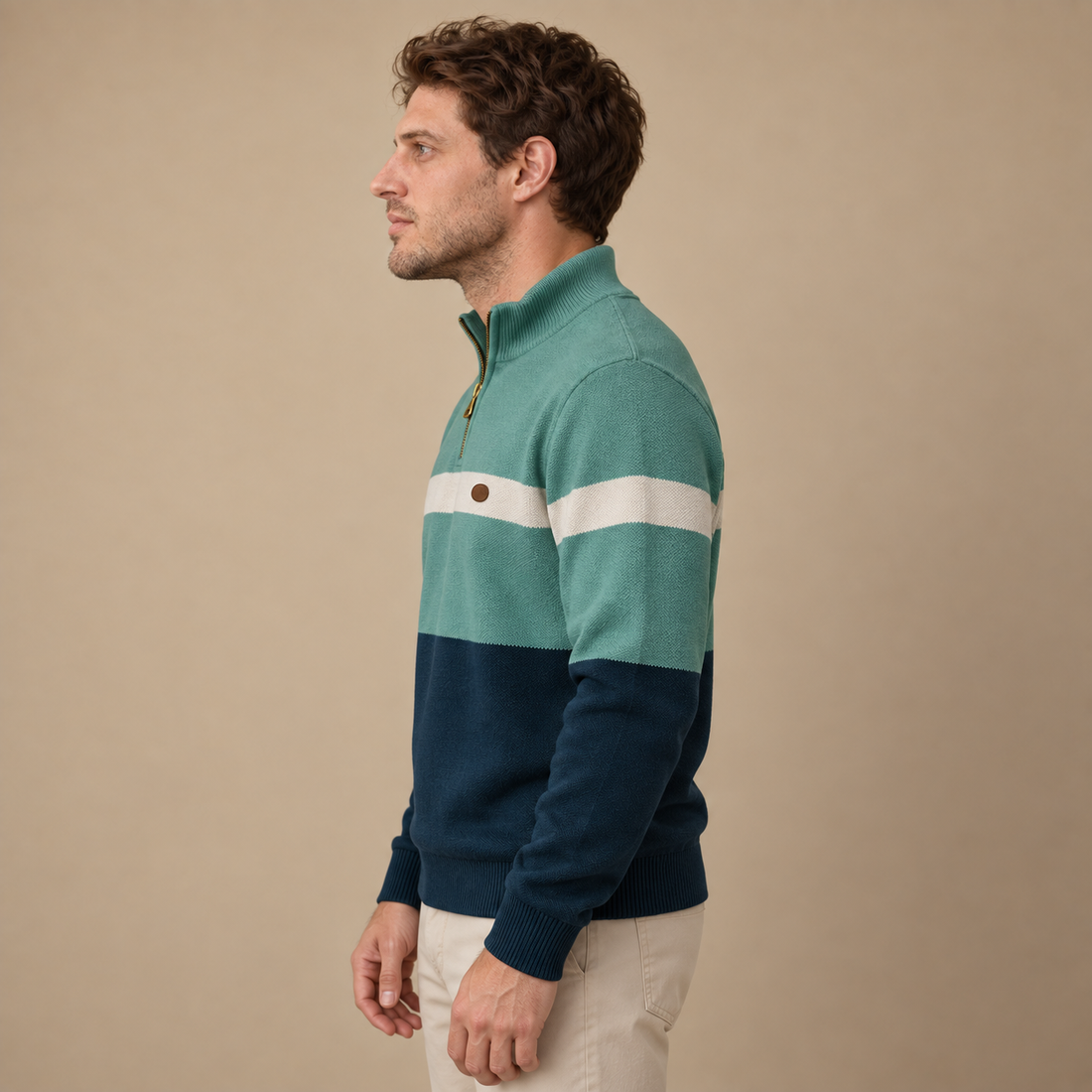Tofarvet herresweater med halv lynlås