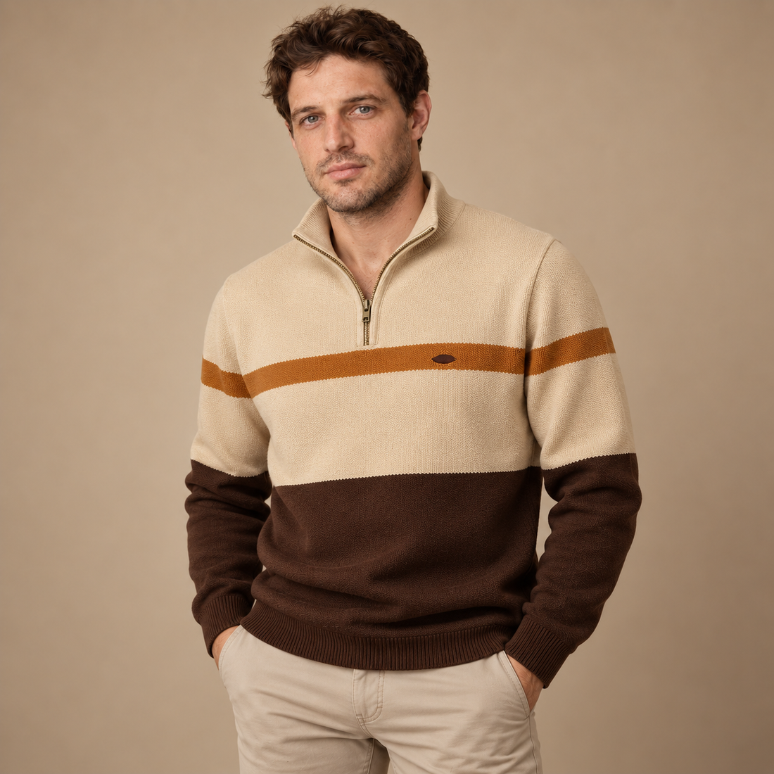 Tofarvet herresweater med halv lynlås