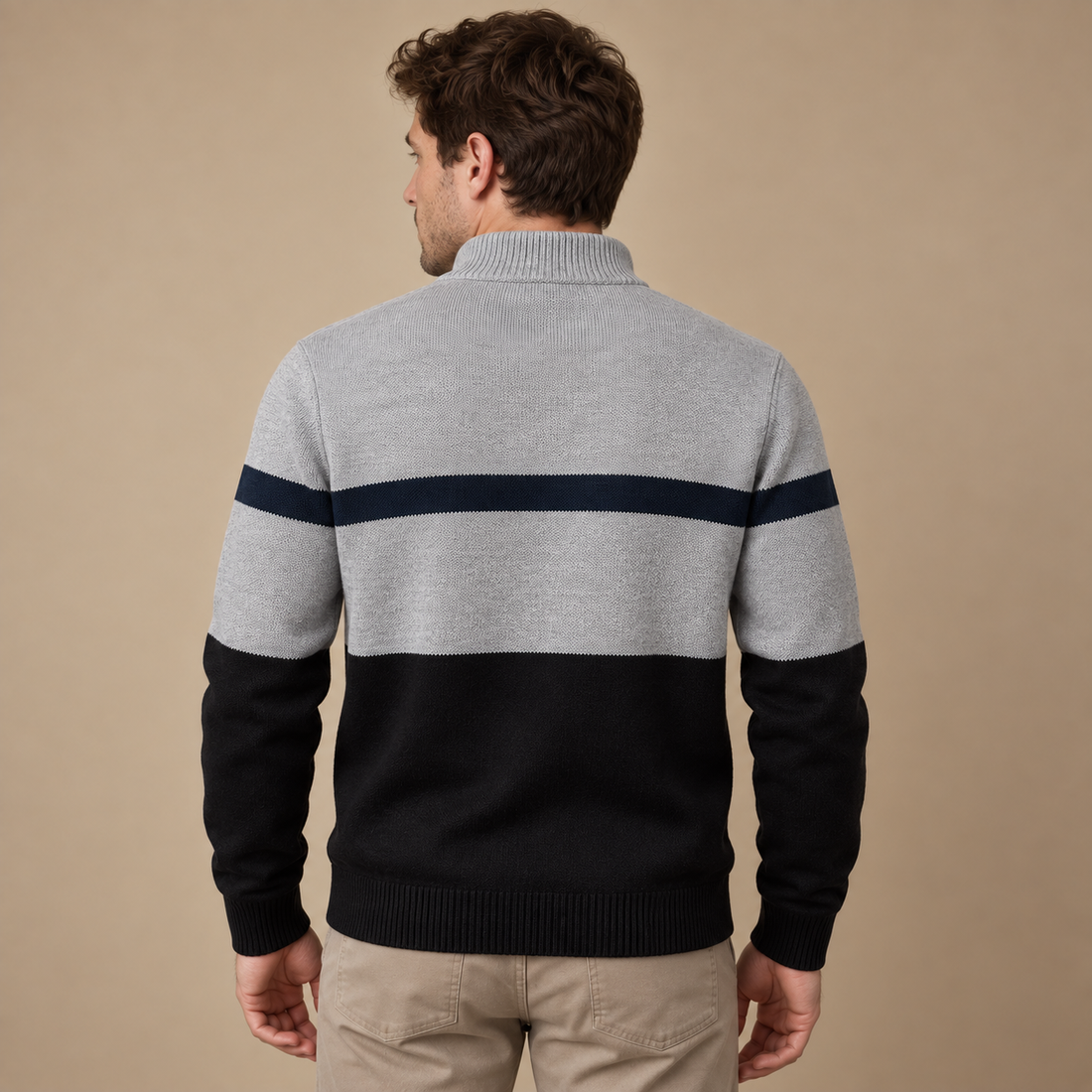 Tofarvet herresweater med halv lynlås