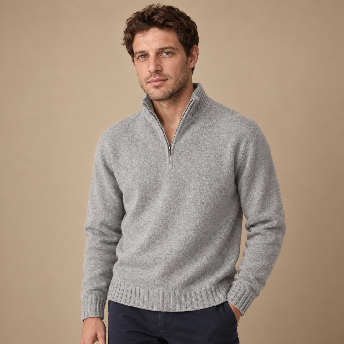 Herresweater med halv lynlås i slim fit