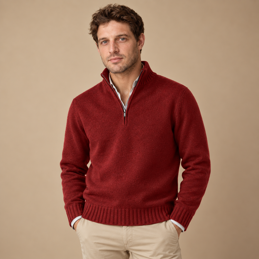 Herresweater med halv lynlås i slim fit