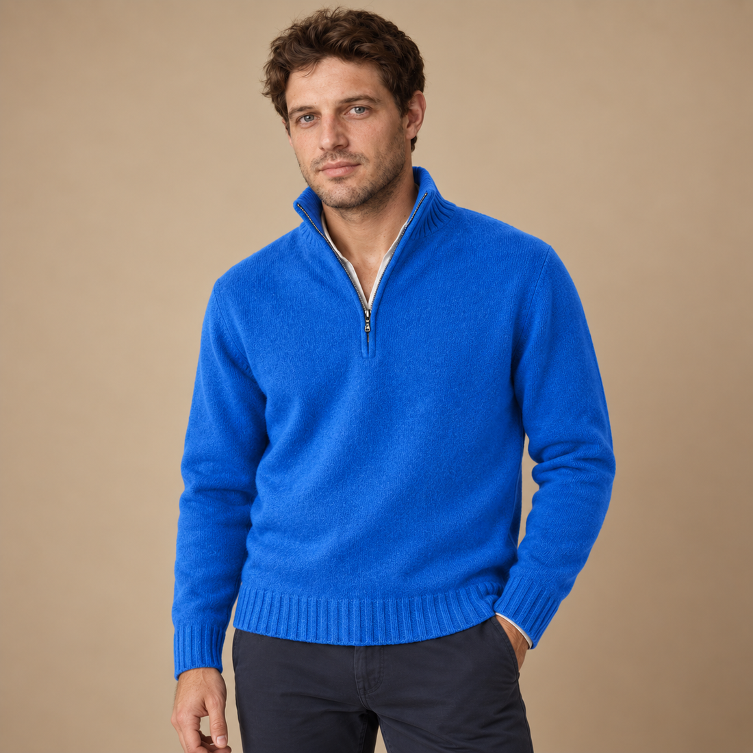 Herresweater med halv lynlås i slim fit