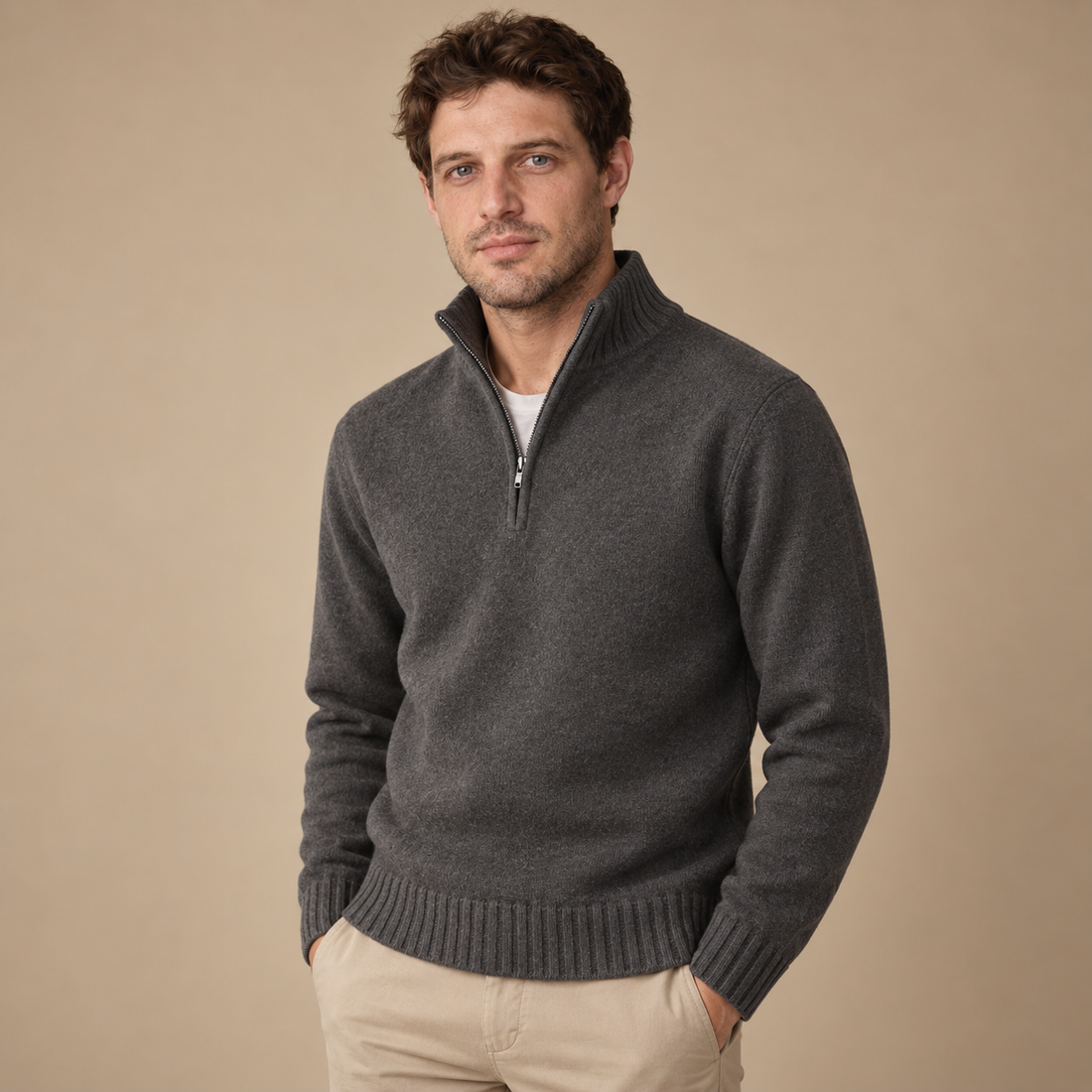 Herresweater med halv lynlås i slim fit