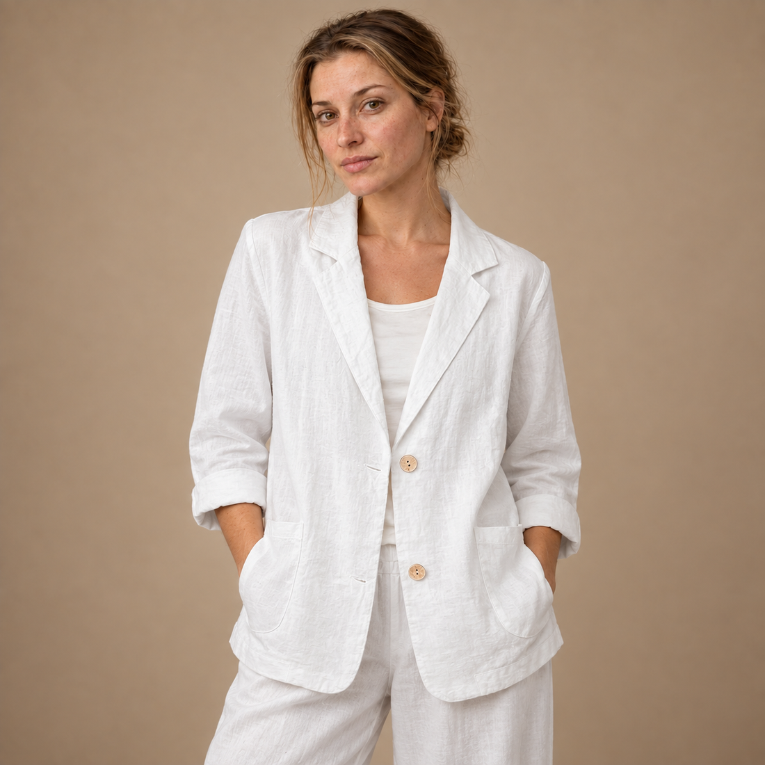 Løstsiddende blazer til dame med opsmøgede ærmer